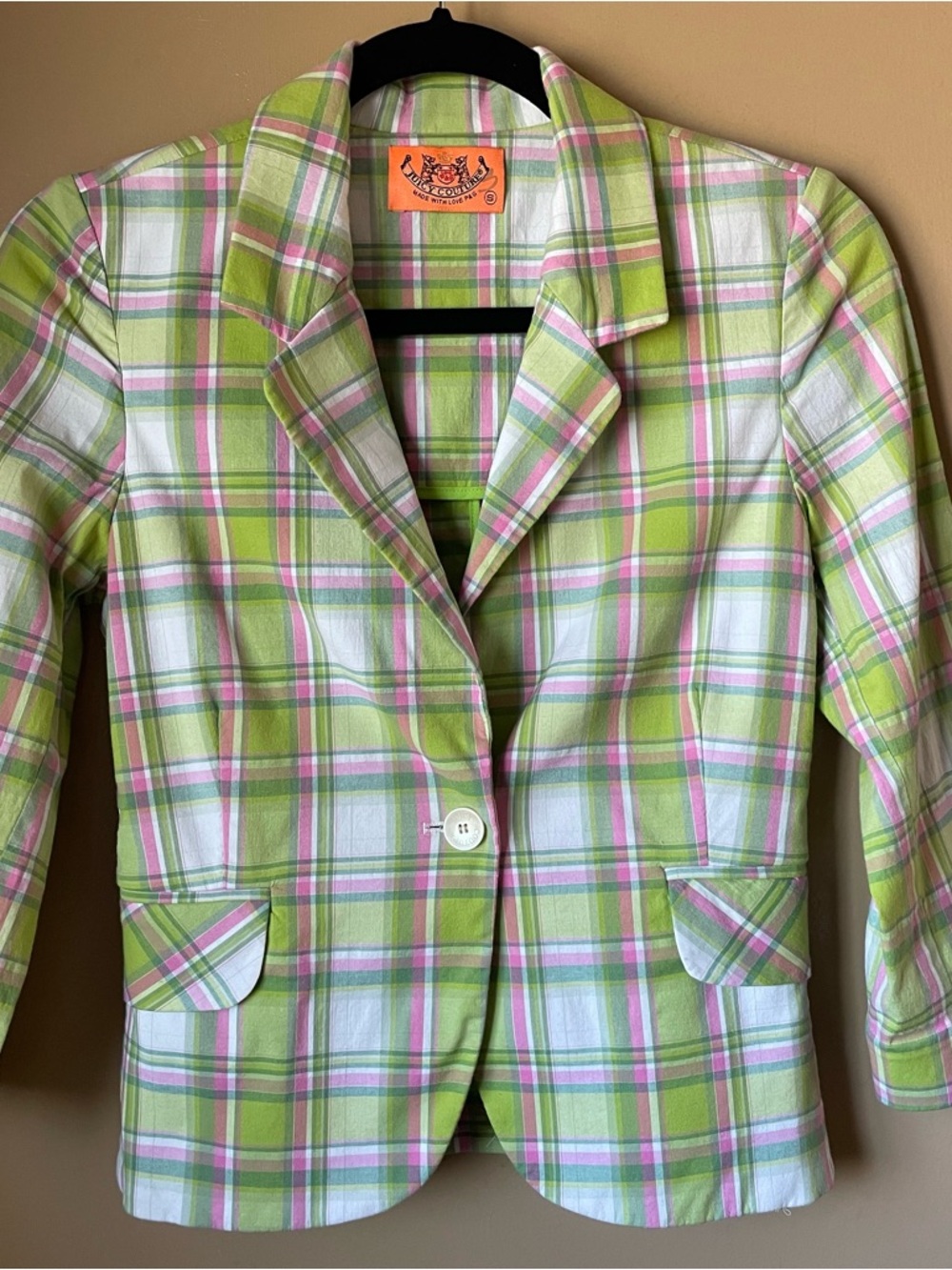 Vintage - Early 2000s - Juicy Couture Pink, Green & White Plaid Cotton Blazer